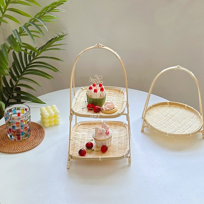 Cooking Tea Around the Stove, Vietnamese Bamboo Basket, Round Single-Layer Small Basket with Handle, Refreshment Fruit Basket, Pastry Tray Creative