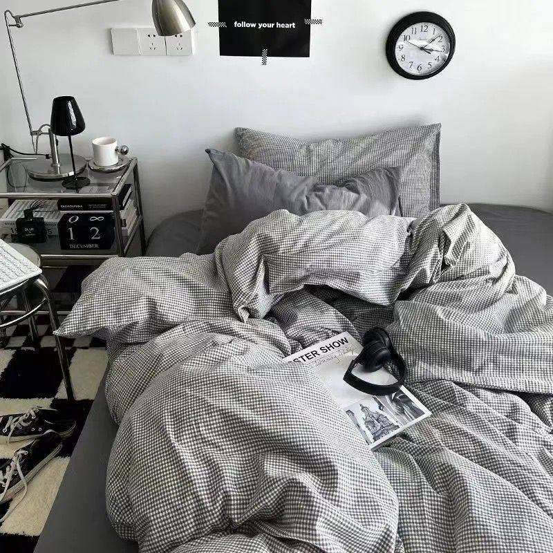 Ins Style Gray Plaid Bedding Four-Piece Set for Boys Stain-Resistant Quilt Cover Bed Sheetss Dormitory Three-Piece Set