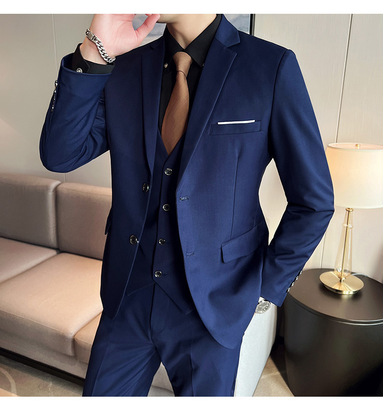 Bộ vest nam ôm dáng ba món phong cách công sở và dự tiệc cưới — Màu xám (áo một nút + áo vest + quần), Màu xanh navy (áo một nút + vest + quần), Màu xám (áo một nút + quần), Màu xám (áo đơn một nút)