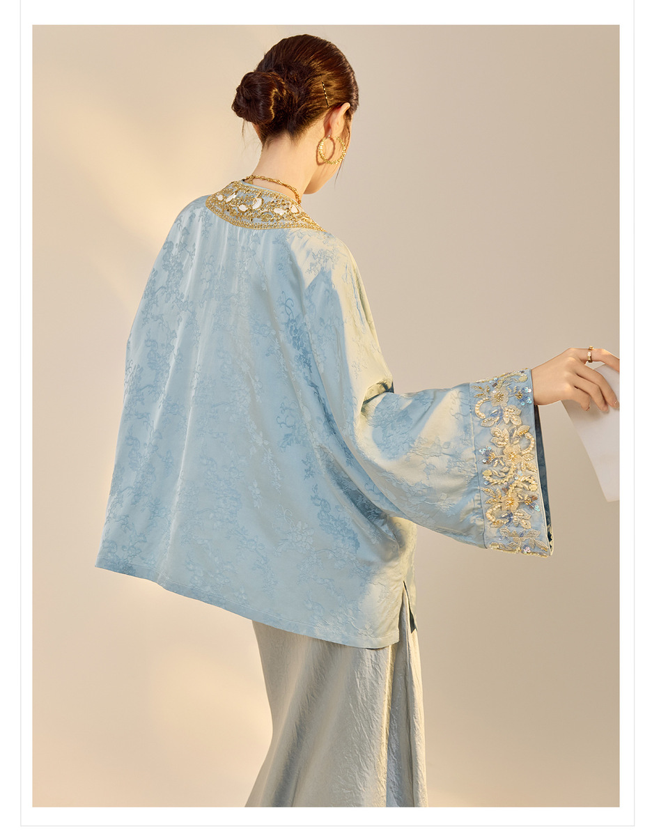 Áo khoác nữ thêu đính cườm dáng rộng cổ chữ V phong cách cổ điển — Jiyue Blue (Giao hàng trong ngày), Xanh Jiyue (giao hàng trong 7 ngày)