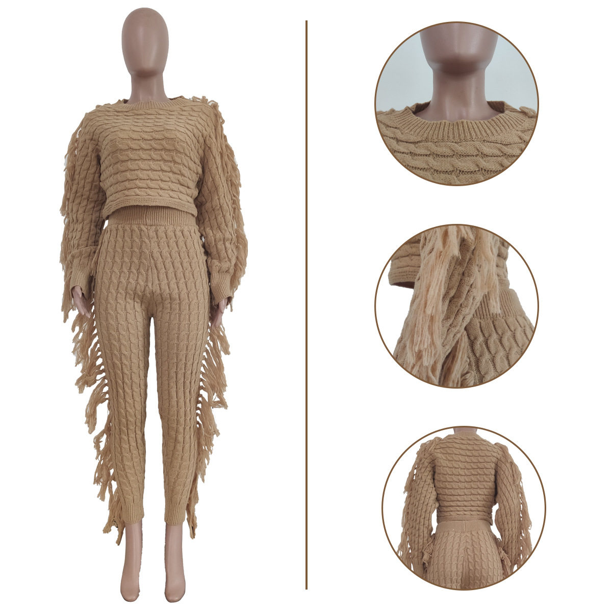 Ts1186 Cross-Border Supply New European and American Clothing Casual Pure Color Knitted Long-Sleeved Tassel Suit