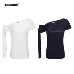 Unbdns2025 New Summer High-End Knitted Ribbon French Slope Collar Off-Shoulder Vest T-Shirt Sexy Trend