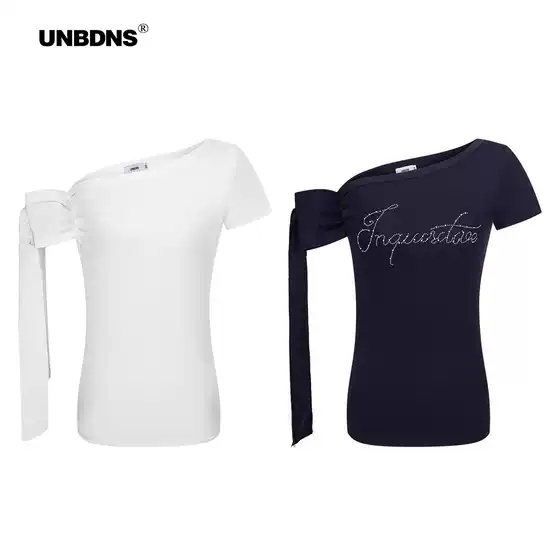 Unbdns2025 New Summer High-End Knitted Ribbon French Slope Collar Off-Shoulder Vest T-Shirt Sexy Trend
