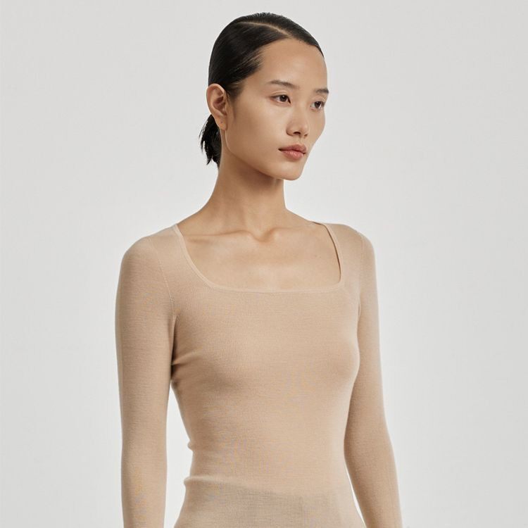 100%美丽诺羊毛方领针织衫修身显瘦薄款长袖上衣气质通勤打底衫女