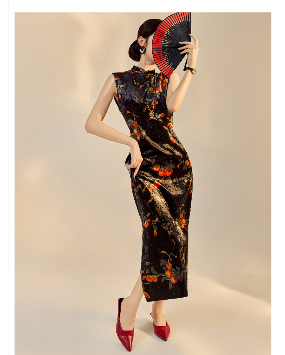 Đầm dài cổ đứng không tay thêu hoa họa tiết thanh lịch — Mực lụa đen (giao hàng trong 7 ngày), Mực lụa đen (giao hàng trong ngày)