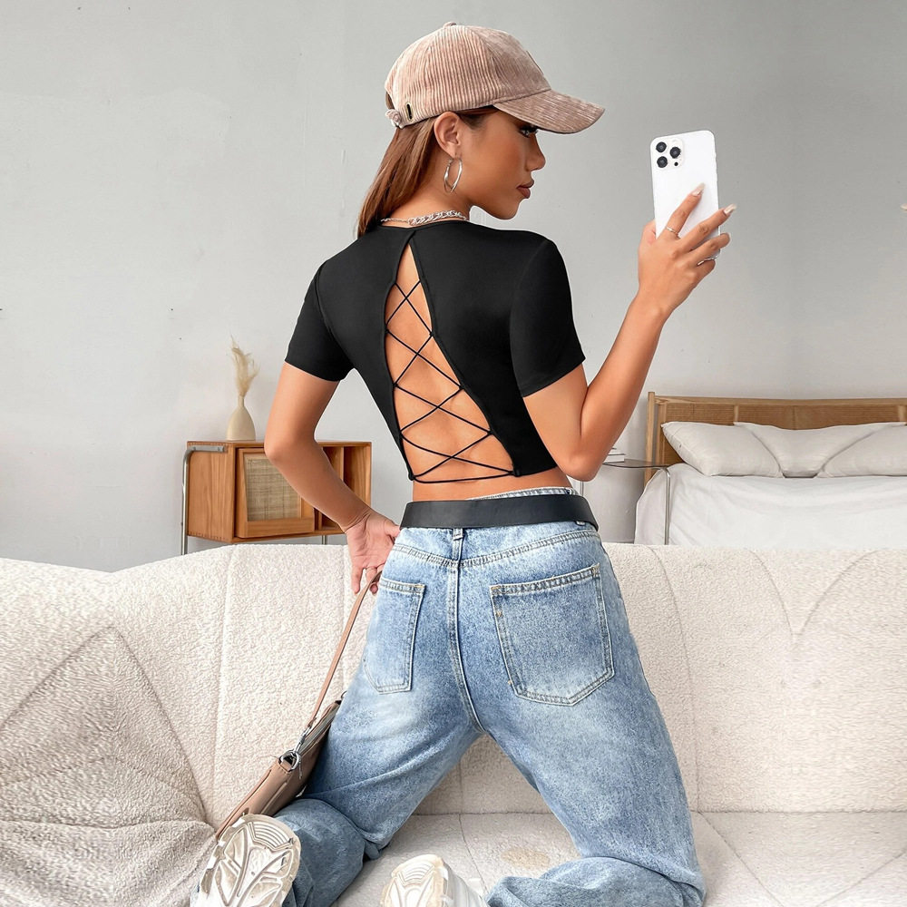 Womens Sexy Backless Short Sleeve Knit T Shirt Slim Fit Casual Style Spring Summer Collection Wholesale Available