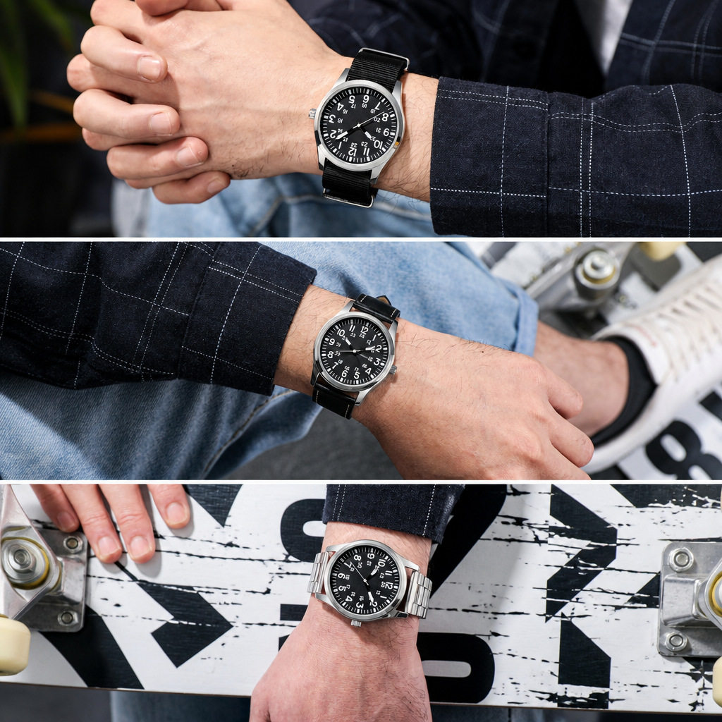 Men's Fashion Business Belt Waterproof Quartz Watch Boys Student Canvas Bag Watch Multi-Functional Luminous Men's Watch
