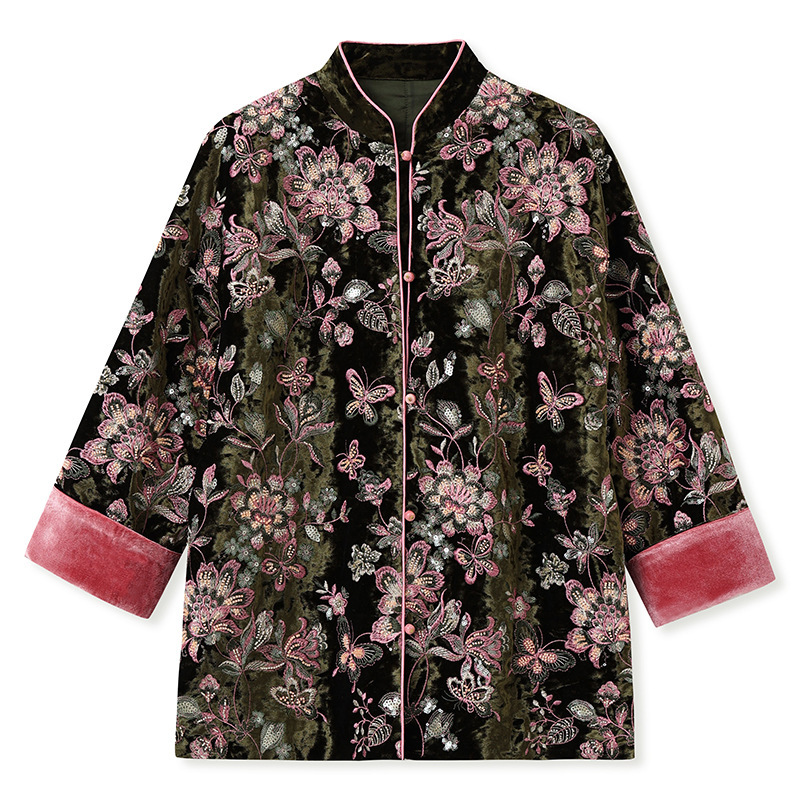 Áo khoác dạ gile nữ dáng dài thêu hoa đính cườm — Hồng xanh [phiên bản cotton], Hồng xanh [phiên bản thường]