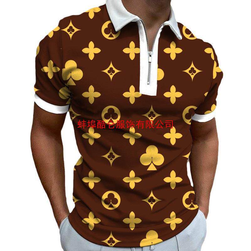 外贸亚马逊春夏新款男士翻领上衣数码印花时尚休闲拉链短袖Polo衫