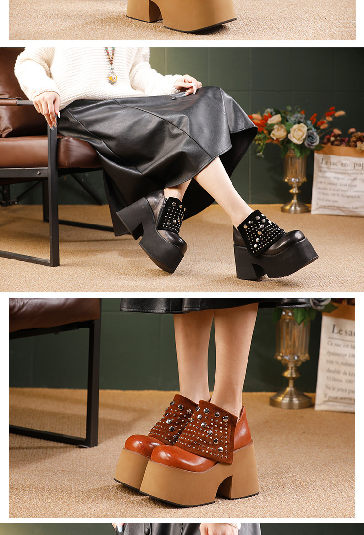 Boot nữ cổ thấp da bò thật đế dày tôn chiều cao, gót vuông khóa kéo bên — đen, màu nâu