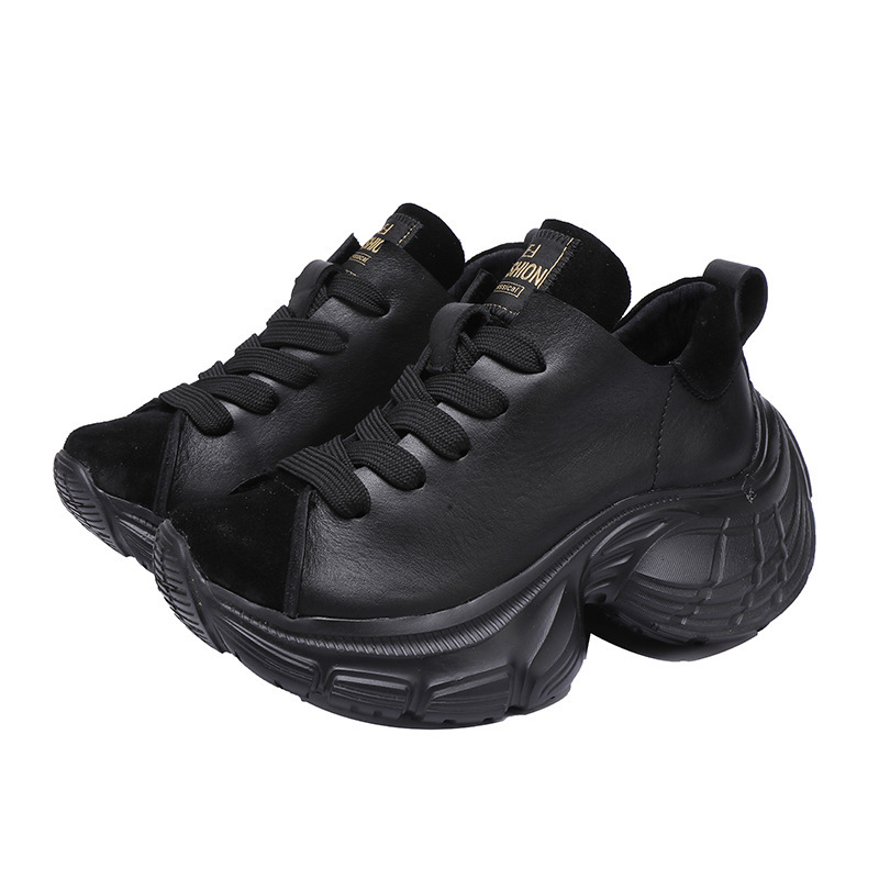 Giày sneaker nữ đế dày da bò thật phối dây buộc phong cách thể thao — Màu đen, Màu nâu đậm
