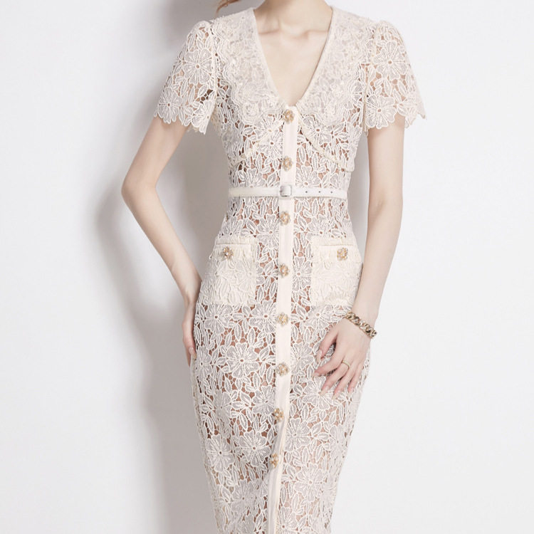 Chic Summer Dress for Women Doll Collar Short Sleeve Beaded Slim Fit Lace Detailing Perfect for Parties and