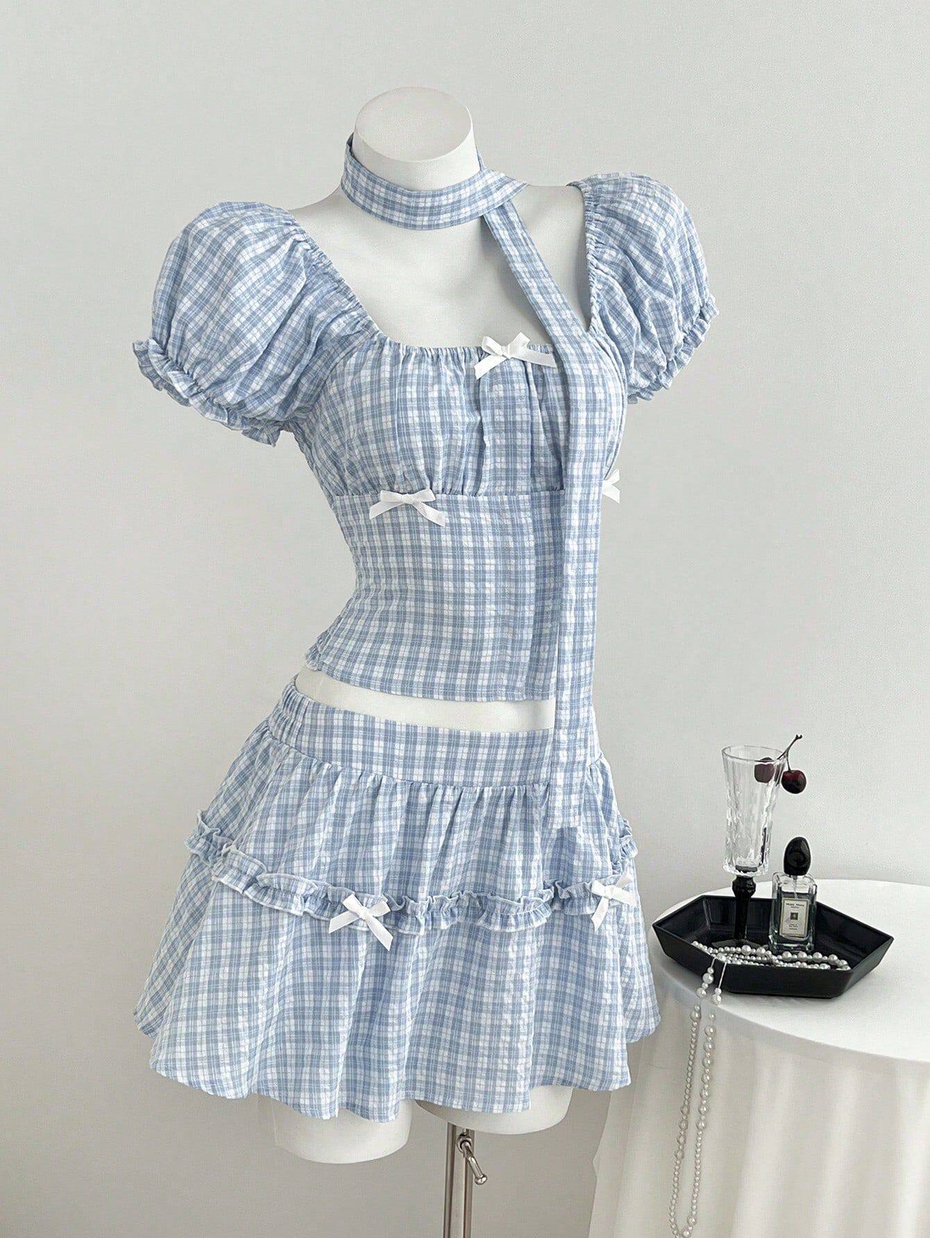 Summer Womens Plaid Puff Sleeve Shirt and A Line Skirt Set Casual Style Lightweight Fabric Perfect for Warm Weather