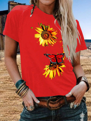 Plus Size Womens Short Sleeve T Shirt Sunflower Butterfly Print Casual Round Neck Top Wholesale Available