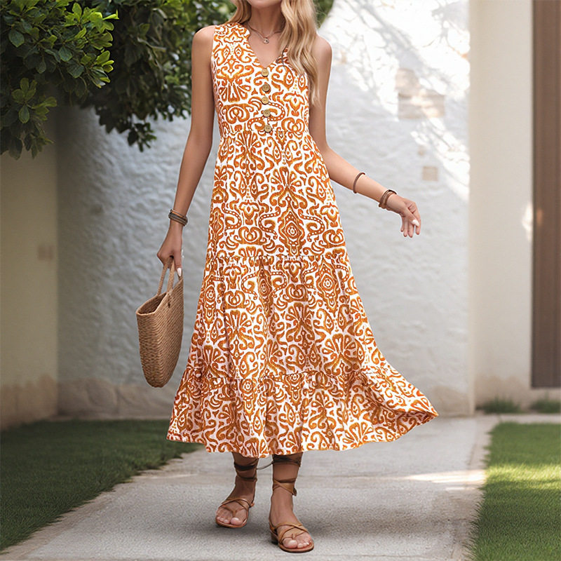 Sleeveless V Neck Abstract Floral Print Dress Summer Style Lightweight Fabric Trendy Design Wholesale Available