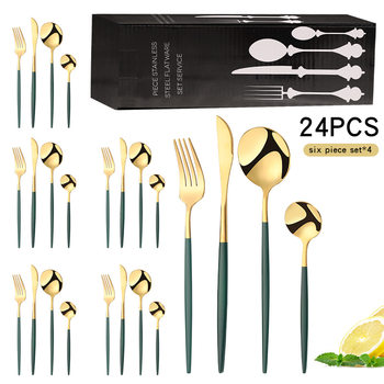 Cross-border Amazon stainless steel tableware Portuguese gold paint steak knife fork spoon tea spoon 24-piece gift box set