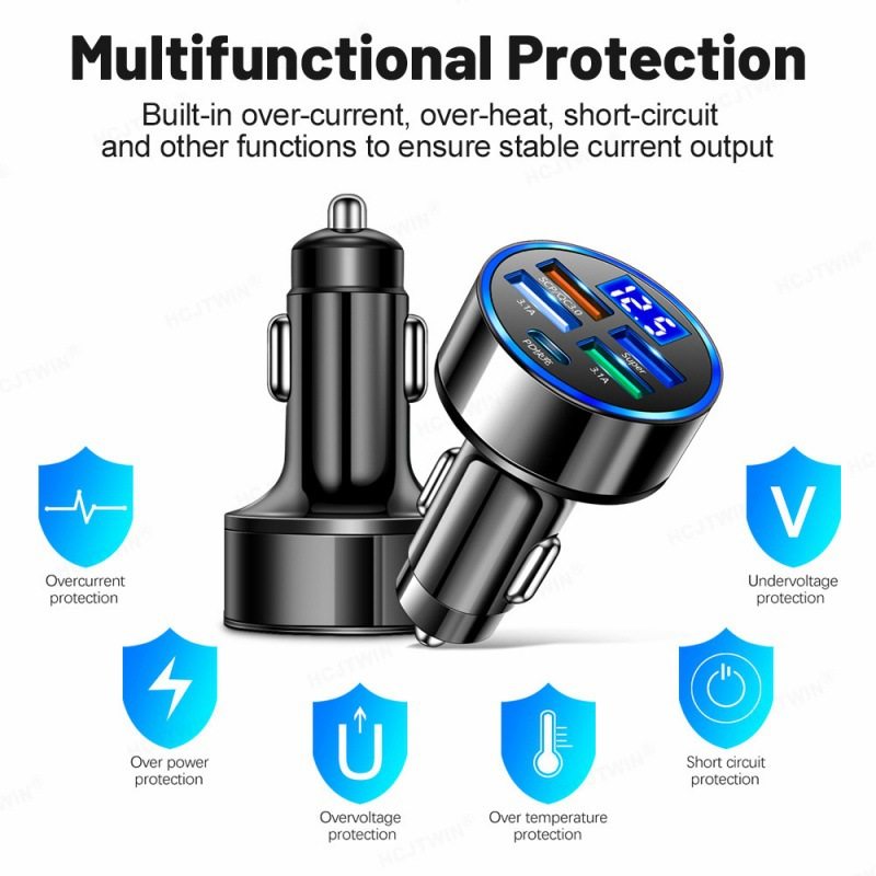 Car charger 5-port support super fast charging with digital display 5 in 1 1-drag 5-port with voltage car charger wholesale
