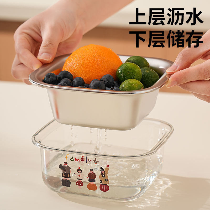 304 Stainless Steel Double-Layer Thickeneded Mini Drain Basket Household Kitchen Drain Basket Rice Washing Sieve Cute Fruit Basin