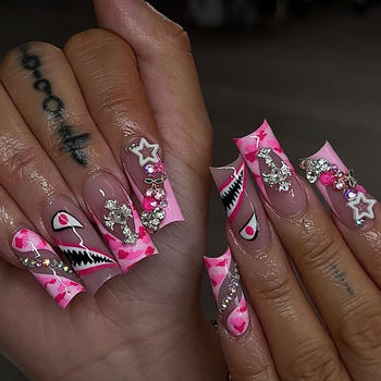 European and American Explosions Hand-Wearing False Nails Duckbill Wearing Nails French Pink Point Drill Cross-Border Sweet Cool Style