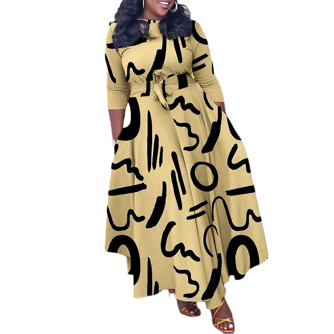 Plus Size African Print Midi Dress Stylish Tie Design Elegant Floral Pattern Spring Fashion Wholesale Available