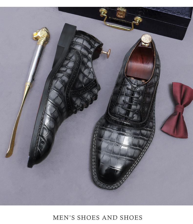 Giày Oxford nam da bò thật họa tiết kẻ sọc phong cách Anh Quốc — Xám xanh, Màu caramel