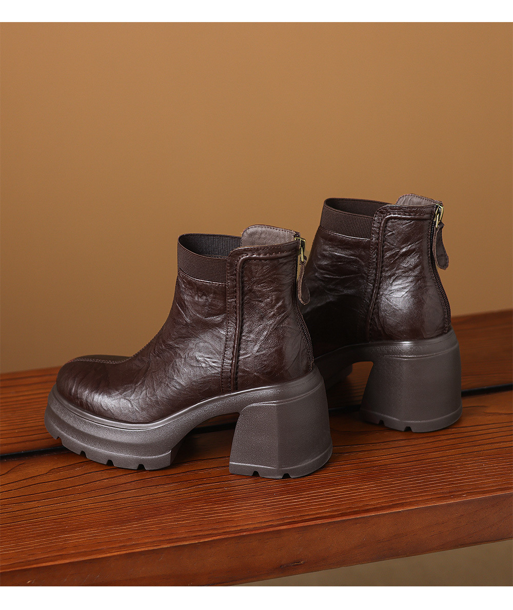 Boot Martin nữ đế dày gót thô 8cm khóa kéo sau dáng ôm chân — Lớp lót đơn màu đen, Lớp lót đơn màu nâu, Lót nhung đen, Lót nhung màu nâu