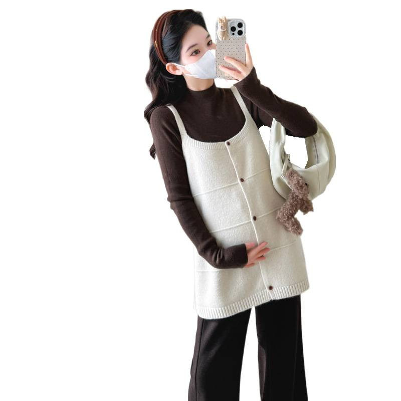 Maternity Autumn New Fashion Stylish Loose Camisole Knit Top Half-Neck Slimming Base Shirt Korean Style Two-Piece Set
