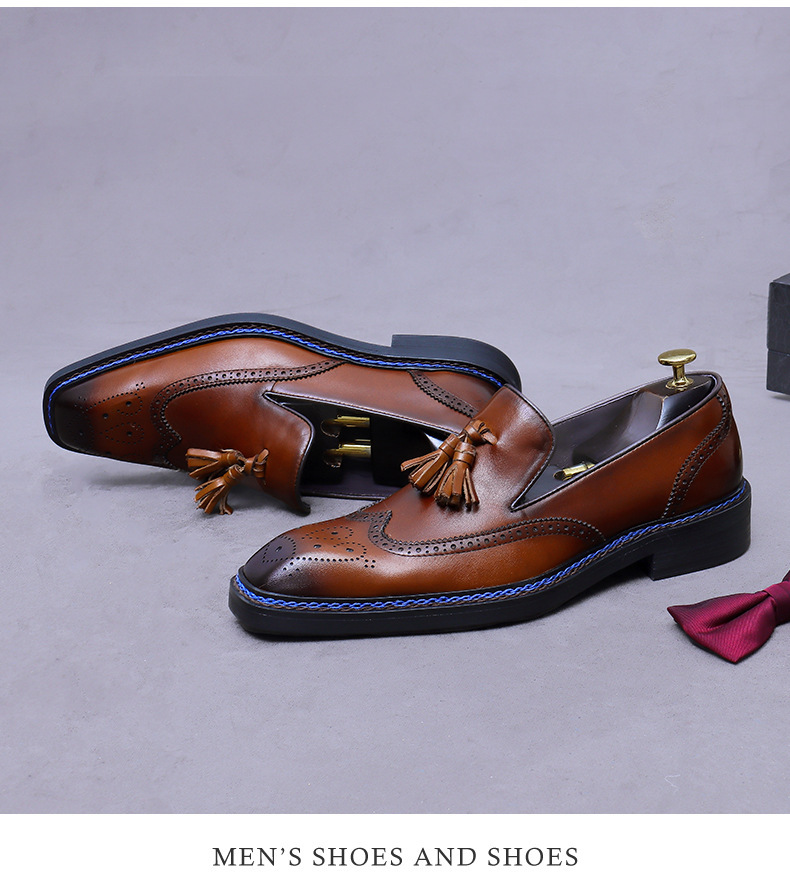 Giày da nam da bò thật chạm khắc brogue cổ thấp kiểu lười có tua rua — Màu nâu (cạnh xanh), Màu nâu (viền đen), đen (cạnh xanh), đen (viền đen)
