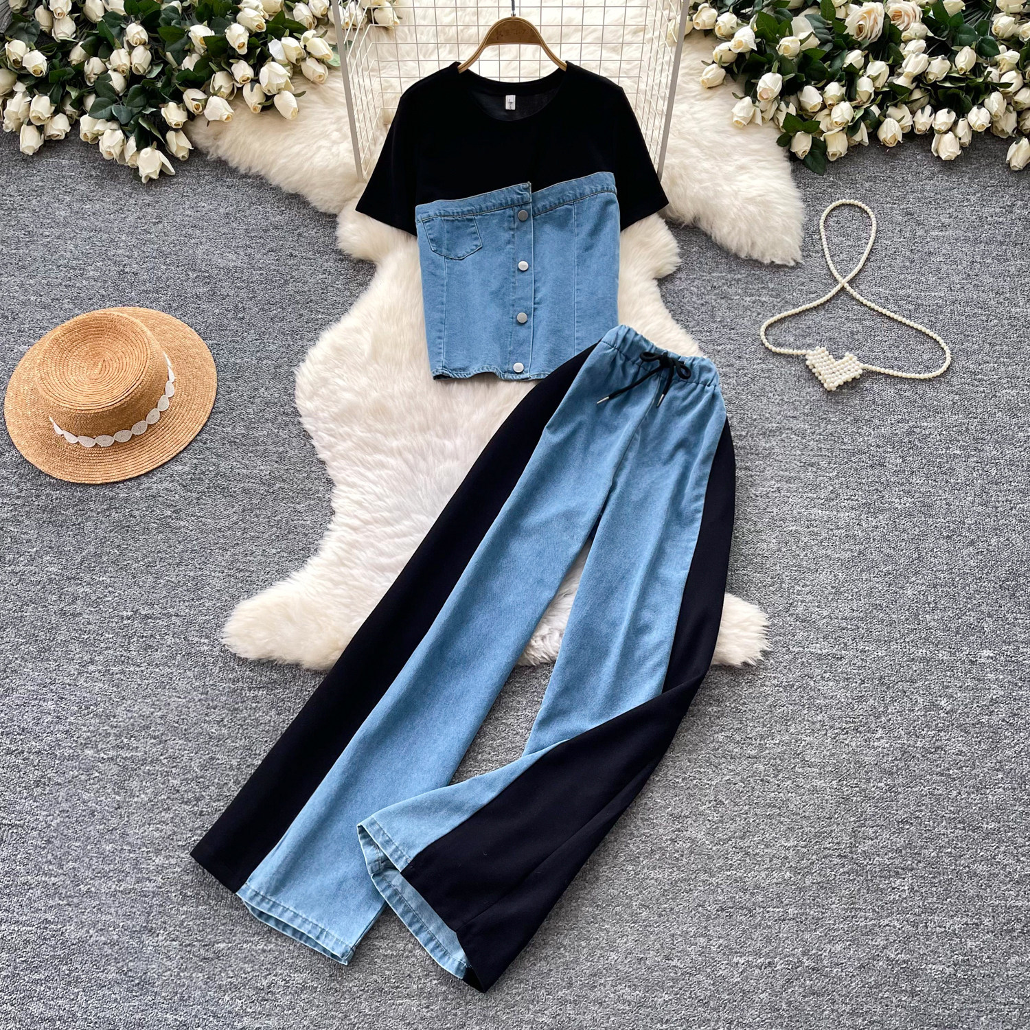 Retro Style Two Piece Set High Waist Wide Leg Pants Relaxed Fit Chic Design Summer Office Wear Wholesale Available