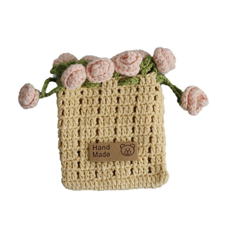 Sweet Cartoon Hand-Woven Rose Bouquet Pocket, Wool Crocheted Literary Coin Purse, Bank Card Storage Pocket