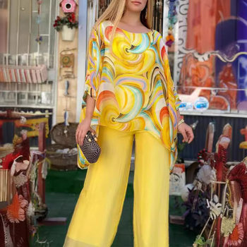 2024 Summer New Colorful Chiffon Suit Casual Round Neck Printed Two-piece Set Independent Station Amazon Cross-border Women