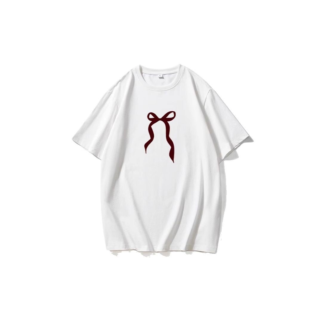Womens Vintage Bow Print T Shirt Summer Casual Style Loose Fit Round Neck Short Sleeve 100 Cotton Wholesale