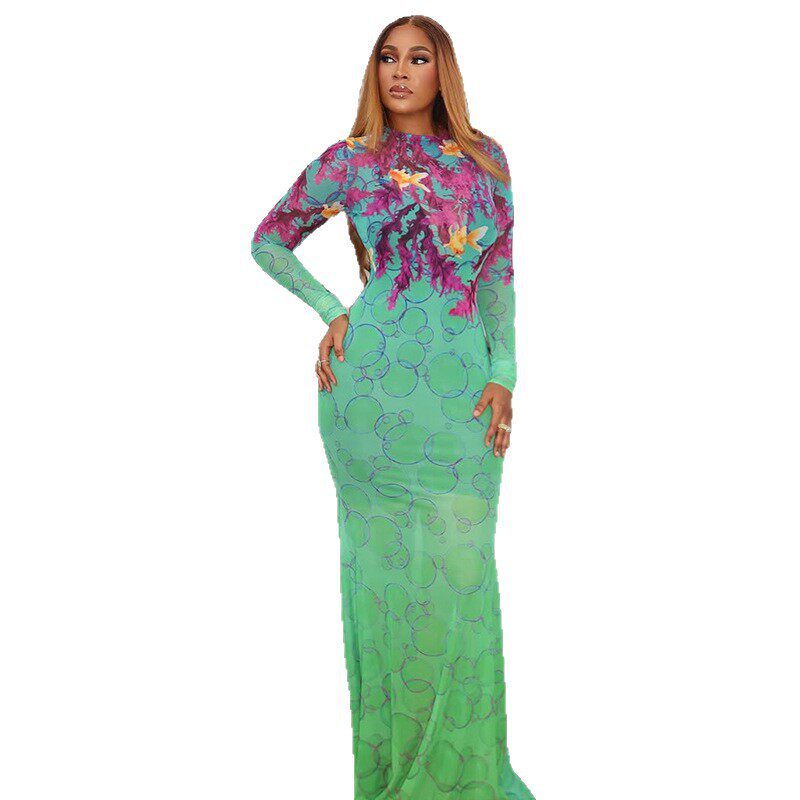 Vintage Floral Print Bodycon Dress High Neck Long Sleeve Slim Fit Elegant Style for Parties and Events Wholesale
