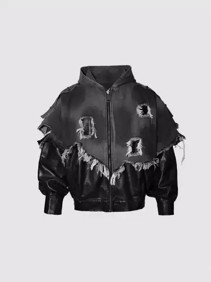 American High Street Vibe Washed Distressed Raw Edge Stitching Contrasting Denim Retro Street Punk Hooded Jacket