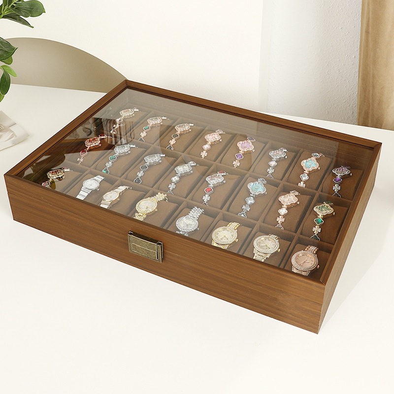 Walnut Wood Grain Wooden Watch Box Large Capacity 24-Bit Watch Storage Display Box Collection Box Skylight Watch Box Retro