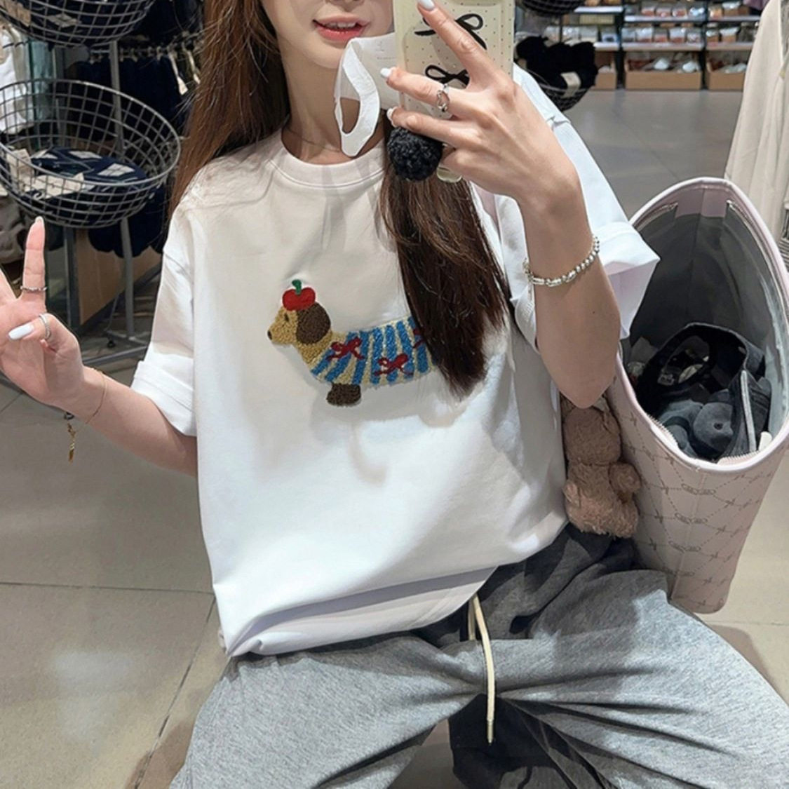 Dachshund Embroidered Short Sleeve T Shirt for Women Summer Collection Korean Style Loose Fit Fashionable and