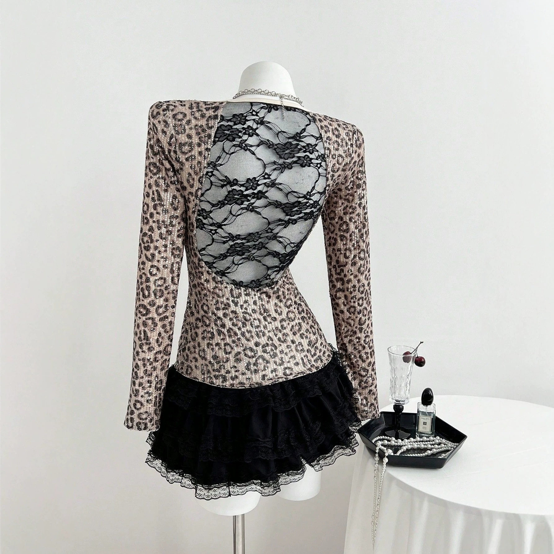 Leopard Print Long Sleeve T Shirt Slim Fit Square Neck Trendy Design Casual Wear for Women Ready to Ship