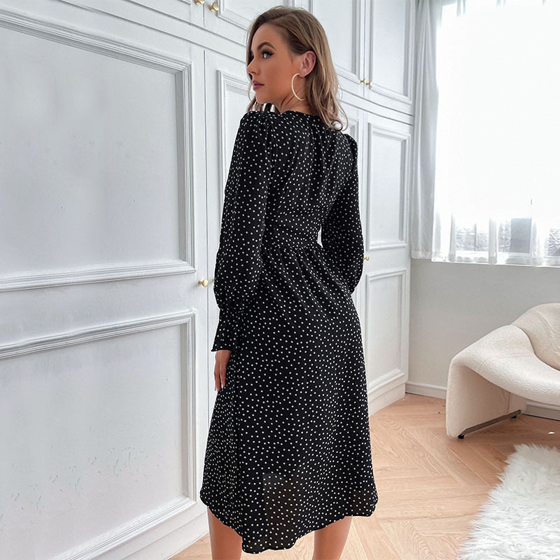 Black Polka Dot Long Sleeve Dress Elegant Design Autumn Fashion Comfortable Fit Wholesale Available
