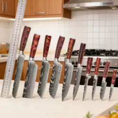 Cross-Border Red Resin Handle Damascus Laser-Patterned Kitchen Knife Set, Bread Knife, Small Vegetable Knife, Steak Knife, Santoku Knife