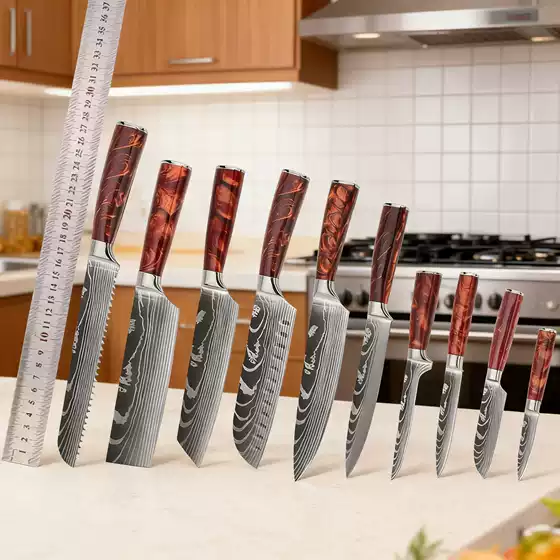 Cross-Border Red Resin Handle Damascus Laser-Patterned Kitchen Knife Set, Bread Knife, Small Vegetable Knife, Steak Knife, Santoku Knife