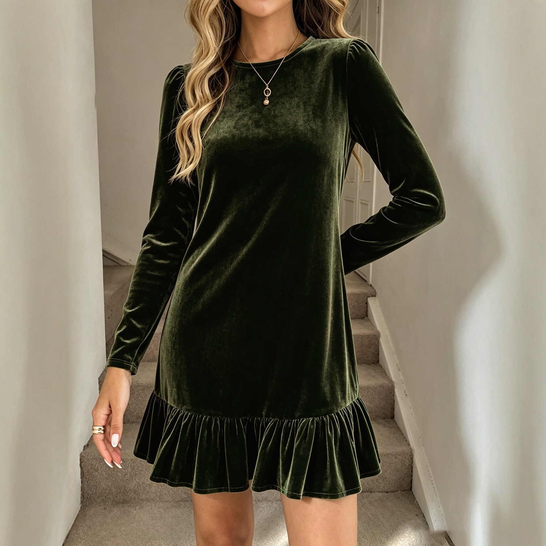 Velvet Long Sleeve Dress for Women Round Neck Slim Fit Ruffled Hem Perfect for Parties and Events Wholesale