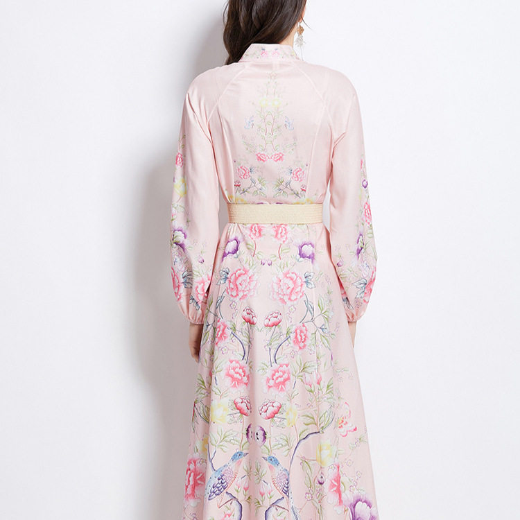 Womens Vacation Dress Elegant Floral Print Lantern Sleeves Waist Defined Button Up Maxi Length Perfect for