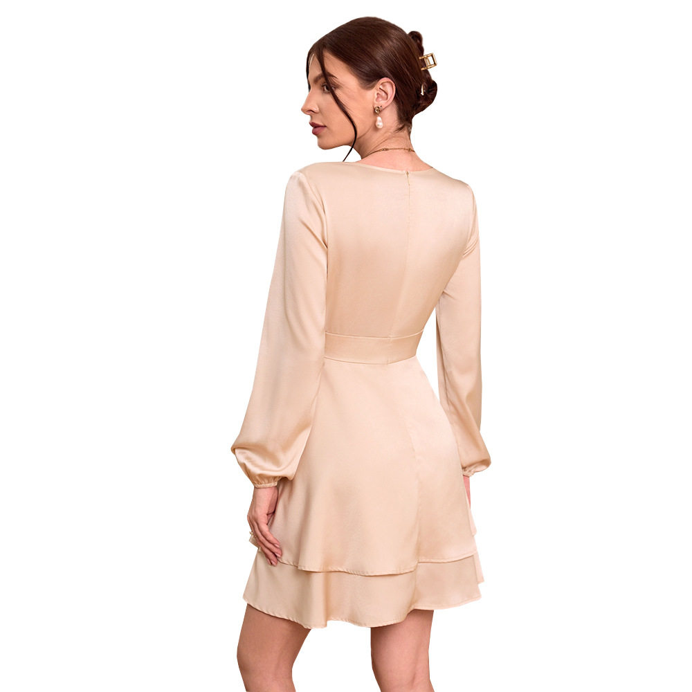 Elegant Satin Dress V Neck Lantern Sleeves Slim Fit Autumn Winter Fashion Wholesale Available