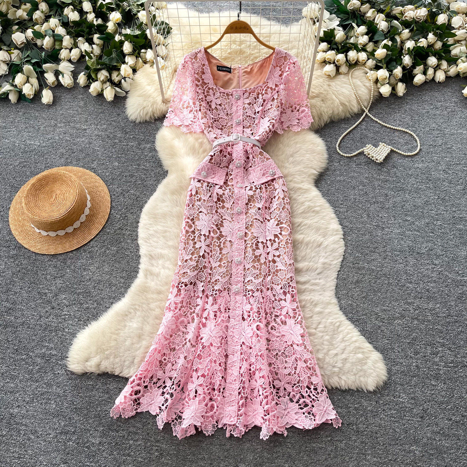 French Elegant Lace Hollow Out Maxi Dress for Women Summer Slim Fit Pink Office Wear Comfortable Fabric Wholesale