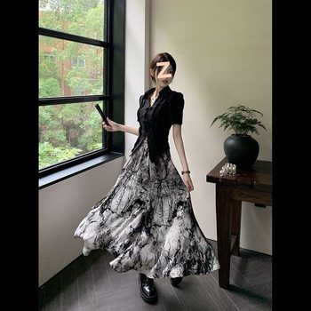 New Chinese Style National Style Suit for Women Summer New Retro Short-Sleeved Shirt Ink Waist Slimming Skirt Two-Piece Set