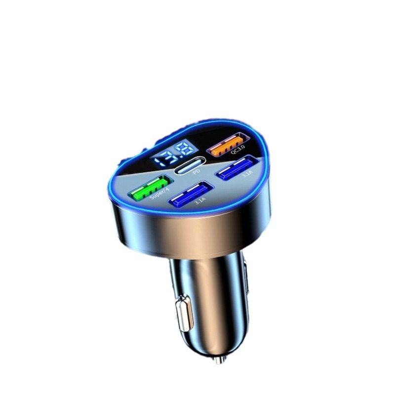 New heart-shaped five-port car charger fast charging head cigarette lighter conversion head multi-function digital display multi-USB car charger
