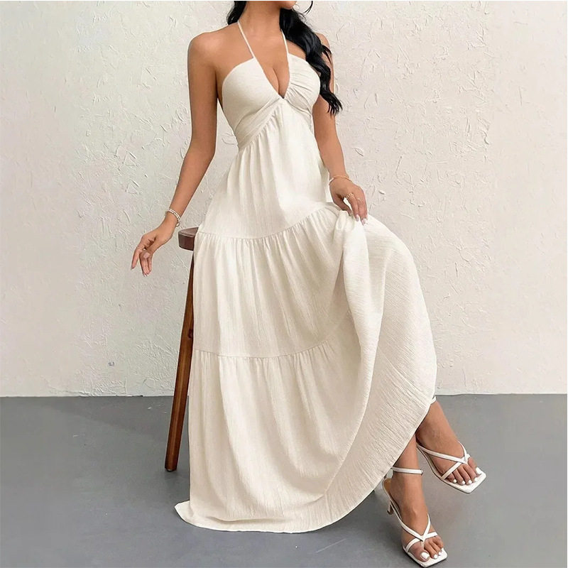 Summer Womens Maxi Dress Sexy Halter Neck Deep V Open Back Tied Design Vacation Style Wholesale Available
