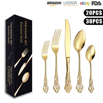 Cross-border Amazon Royal Court Stainless Steel Tableware suit 20-30 Piece Knife, Fork and Spoon Hollow Carved Flower Gift Box suit