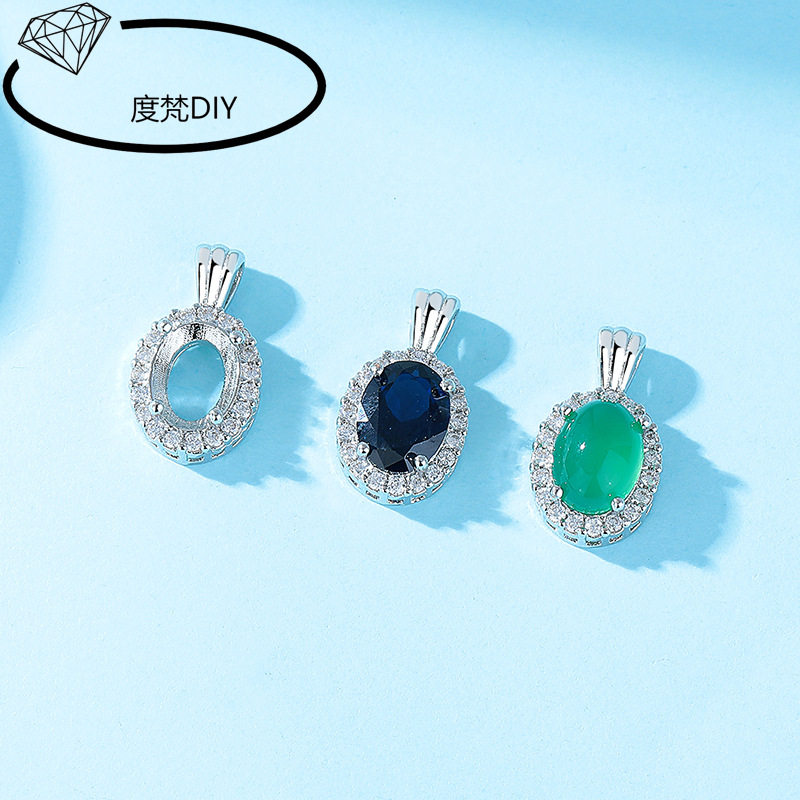 White gold plated full diamond oval copper pendant holder air holder DIY inlaid jadeite huaz diamond simulation 925 silver pendant holder