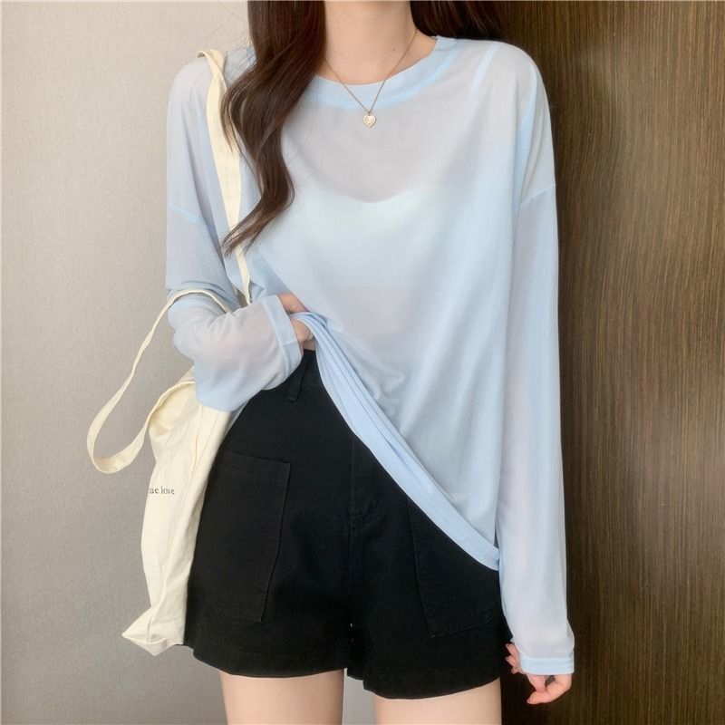 Womens Loose Fit Long Sleeve T Shirt Ice Silk Sun Protection Round Neck Versatile Style Summer Layering Top